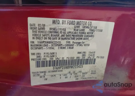 2009 Ford Focus Se из США, поврежденный, VIN 1FAHP35N89W222435